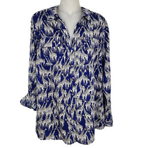 Charter Club Shirt Womens Large Giraffe Safari Print Button Blue Long Tab Sleeve